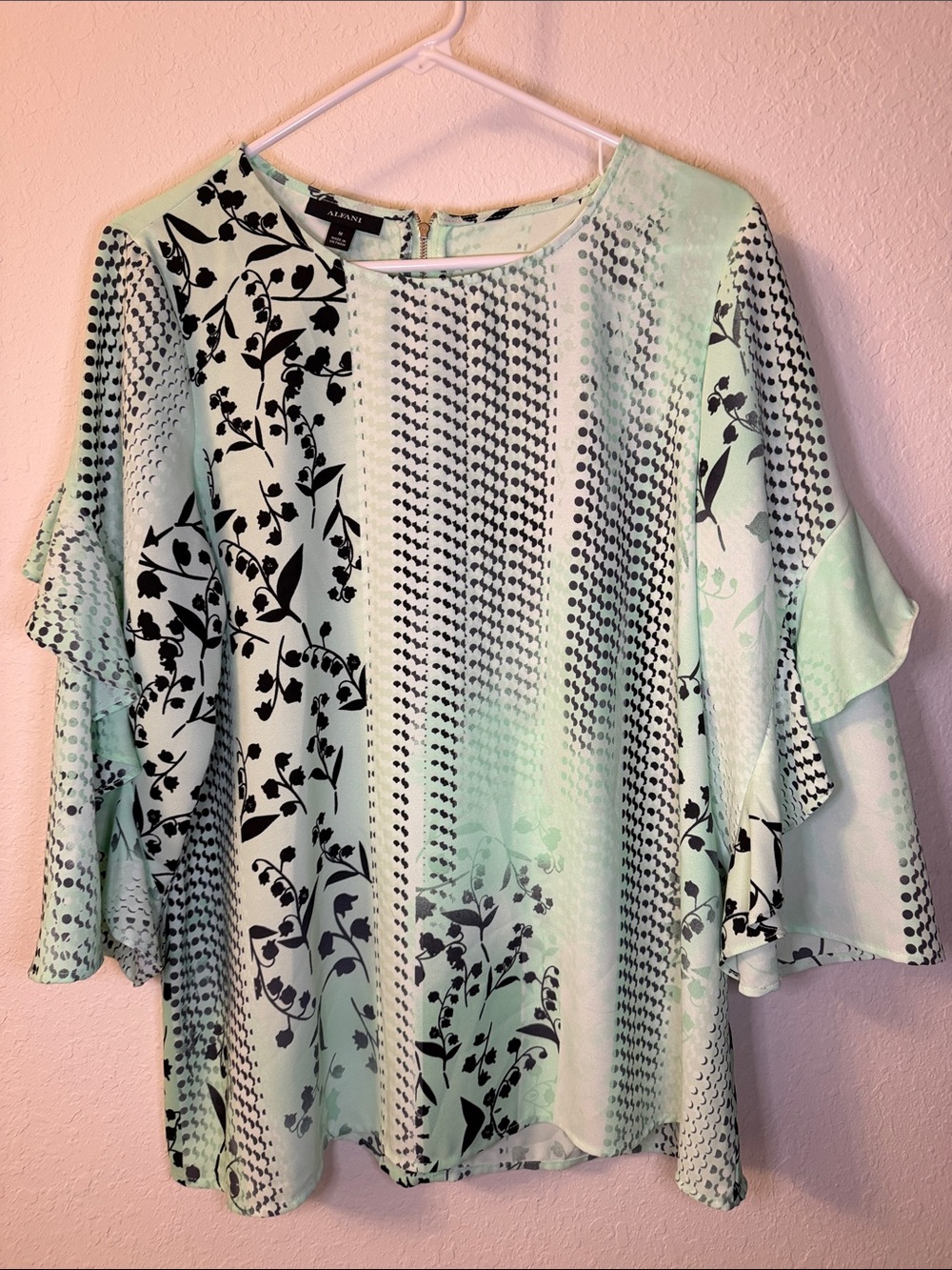 Alfani Mint Green and Black Floral Ruffle Sleeve Blouse